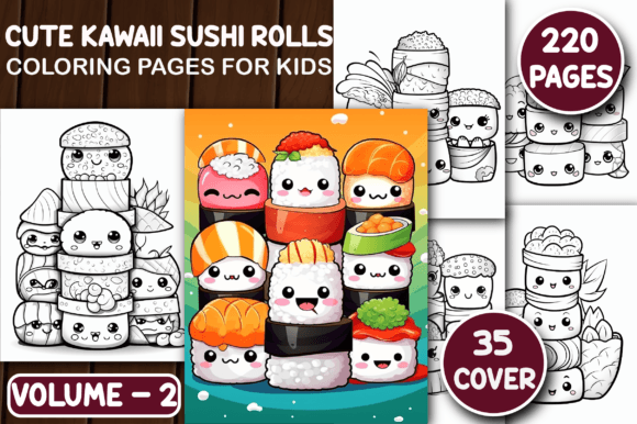 220 Cute Kawaii Sushi Rolls Color Pages